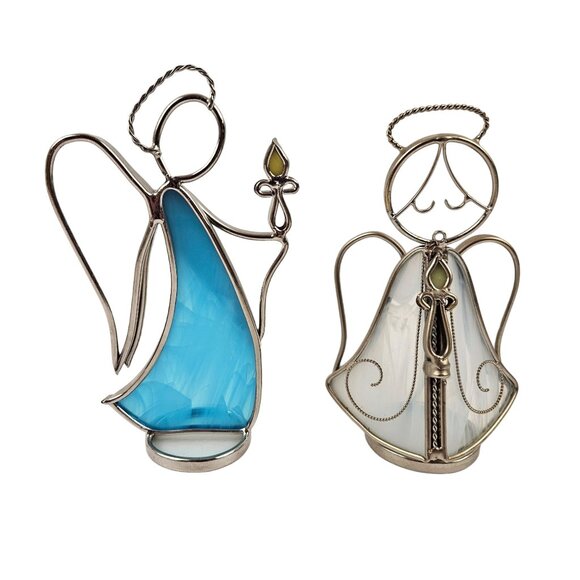 Stained Glass Angel Figurines Set of 2 Handcrafted Decorative Art White Blue - Picture 1 of 9